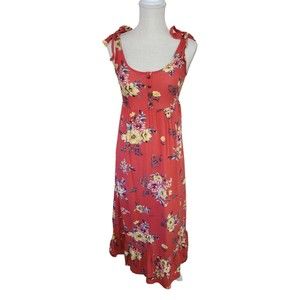 NEVENA RAE RED FLORAL TIE SHOULDER SMOCK TOP MIDI DRESS SZ S RUFLE SCOOP‎ NECK